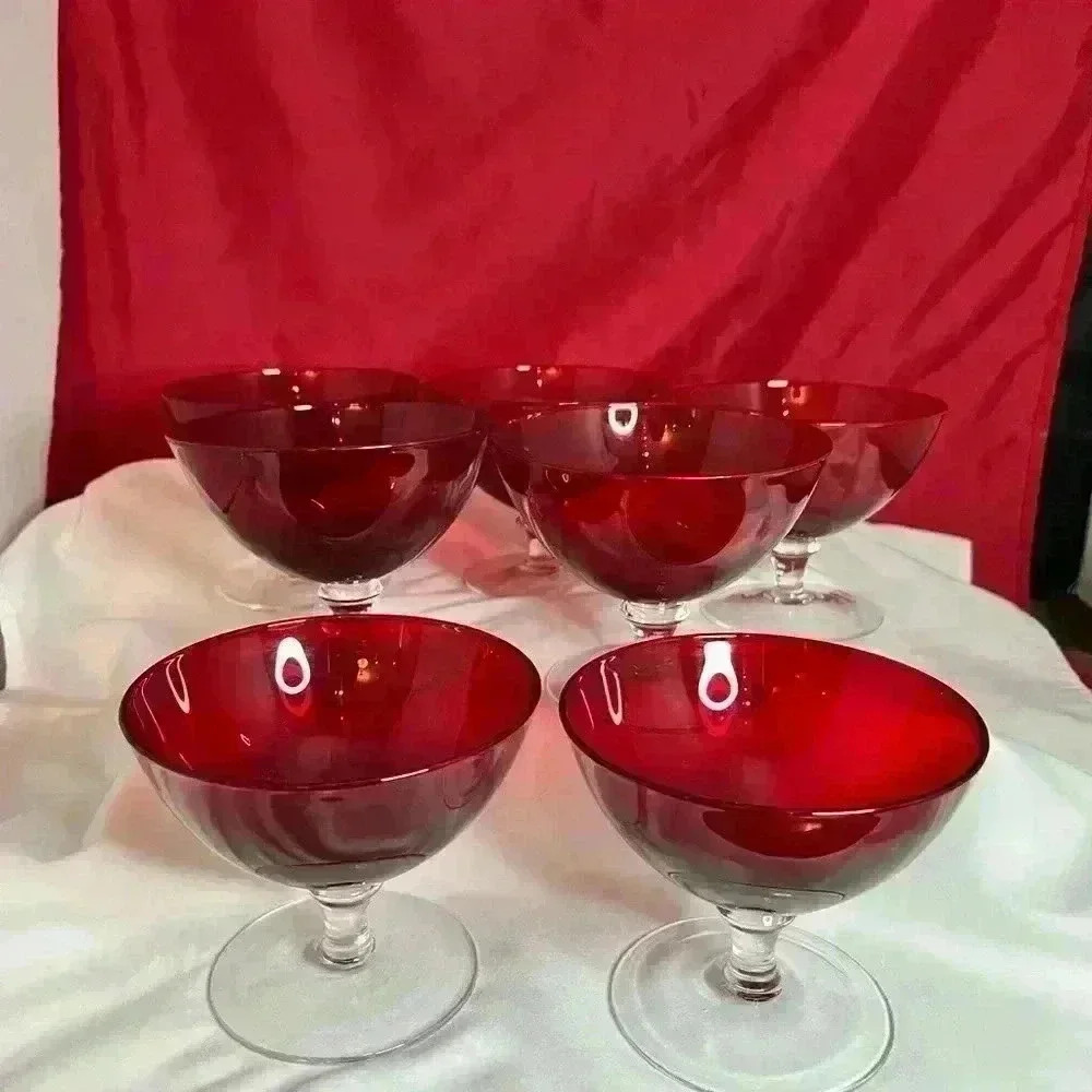 Vtg. 7- Cranberry Glass, footed Sherbet glasses/ wafer stems - Picture 2 of 7